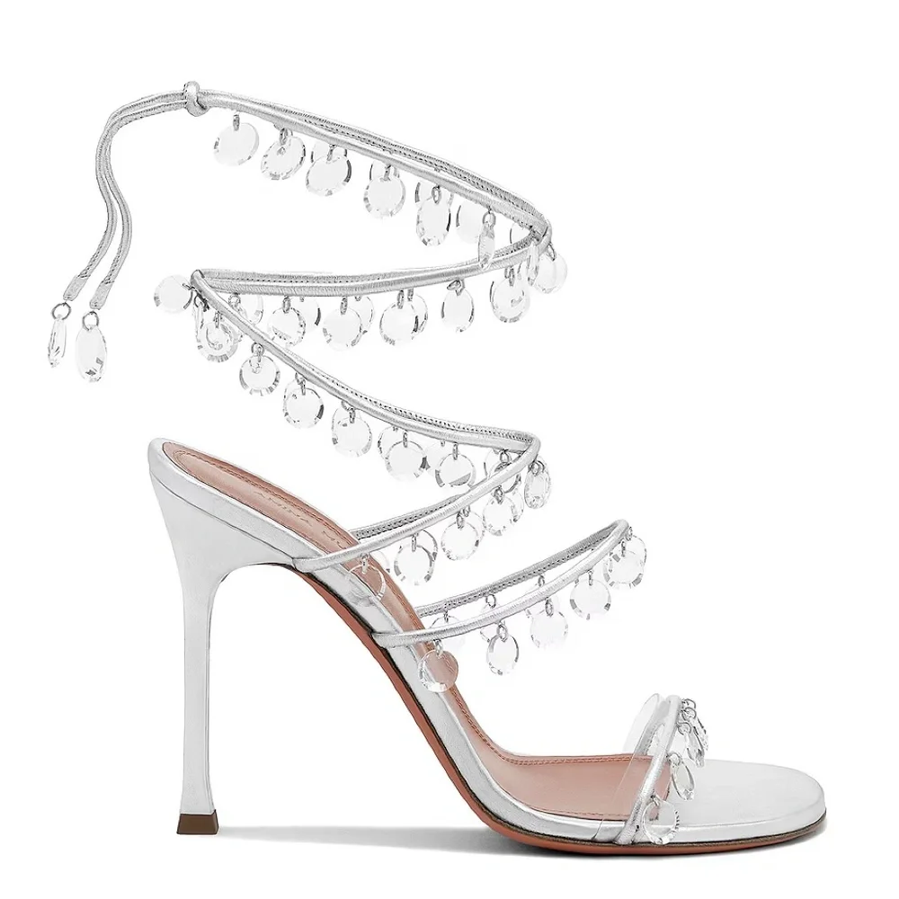 Amina Muaddi Tina Leather Ankle-Wrap Sandals With All Over Crystals-Appliques